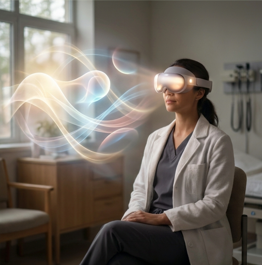 Clinician in a spatial recovery headset surrounded by soft restorative light